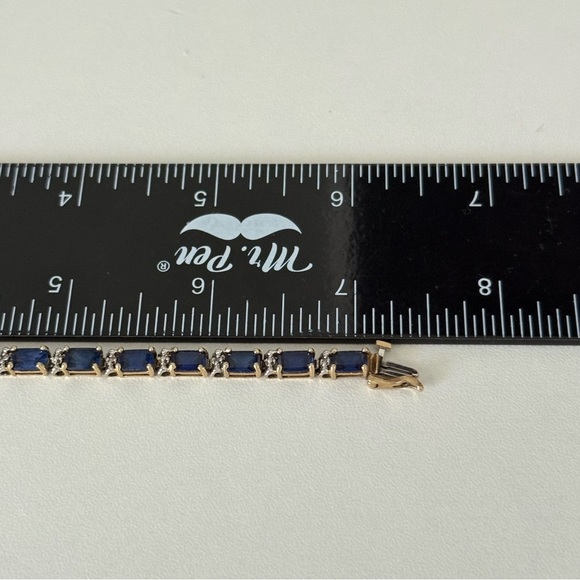 Solid 14k Yellow Gold Sapphire & Diamond Tennis Bracelet - Picture 11 of 16